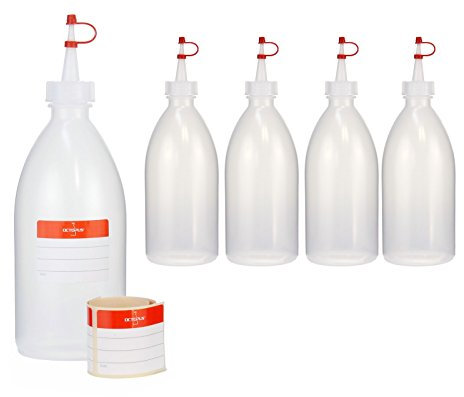 Octopus 5x 500 ml Quetschflaschen, Spritzflaschen aus LDPE mit Tropfverschluss, Garnierflaschen, Dekorationsflasche für Küche, Hobby oder Labor