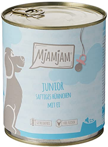 MjAMjAM - Premium Nassfutter für Hunde - Junior saftiges Hühnchen mit Ei, 6er Pack (6 x 800 g), naturbelassen mit extra viel Fleisch
