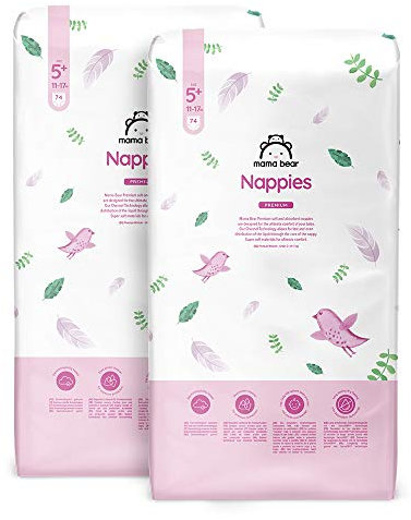 Amazon-Marke: Mama Bear Premium Windeln Größe 5+ (11-17 kg), Weiß, 148 Stück (2 Packungen mit 74)