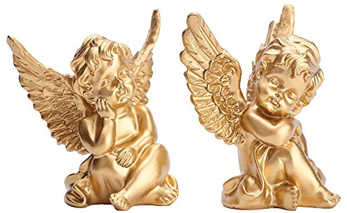 orenm Confezione da 2 Statuette in Resina a forma di angelo,Statua Commemorativa da Giardino, Figura Decorativa Angeli per interni ed esterni,Graziosa e adorabile statua angioletto (oro)