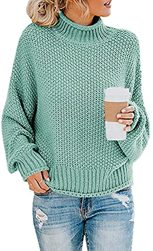 Imuedaen Pullover Damen Elegant Winter Rollkragenpullover Strickpullover Grobstrickpullover Casual Lose Langarm Pulli Oberteile (A Hellblau, L)