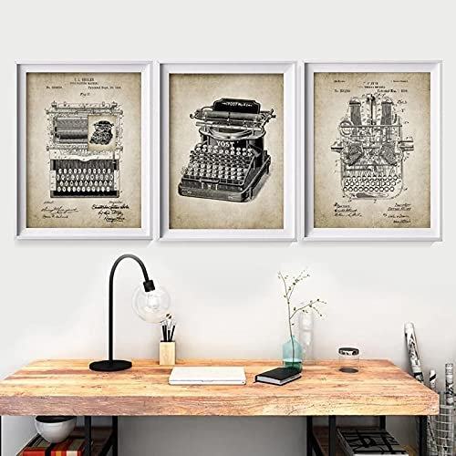 Xinmei Art Vintage Schreibmaschine Patent Print Design Büro Wandkunst Bilder Dekor Schreibmaschine Vintage Poster Leinwand Malerei 60x80cm (24x32in) x3 Innenrahmen