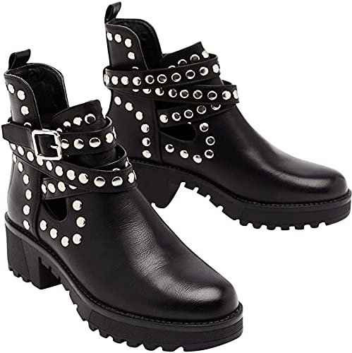 2021 Frauen Stiefeletten Damen Elegent Mode Party Schuhe Hohl Nieten Ankle Boots Schnee Stiefel Mit Verschluss Absatz Herbst Winter High Heel Rockabilly Stiefel,Schwarz,36 EU