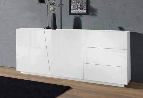 Dmora - Kommode John, Küchen-Sideboard mit 2 Türen und 3 Schubladen, Wohnzimmer-Buffet, 100 % Made in Italy, 180 x 43 x 86 cm, glänzendes Weiß,