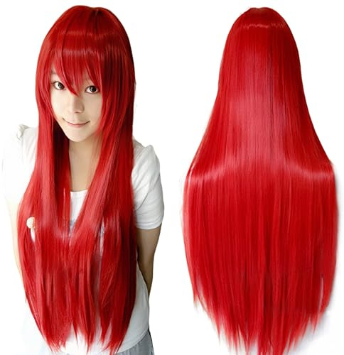 IMISSU Lange glatte Haare Cosplay Perücke mit Pony Bunte Halloween Kostüm Party Perücken (Rot)