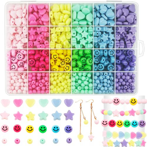 Acrylperlen in Herzform, Sternperlen, verschiedene Kunststoff-Pastellperlen, niedlich, rund, lose Abstandshalter, Großpackung für Armbänder, Schmuckherstellung, Basteln, Halsketten, Handyanhänger, 900