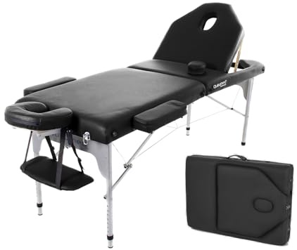 QUIRUMED Klappbare Massageliege aus Aluminium, 186 x 66 cm, gepolstert 14 cm, Kunstleder, Farbe Schwarz, höhenverstellbar, klappbare Rückenlehne, leicht, bis 150 kg