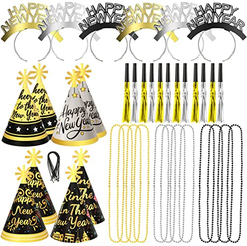 DPKOW Silvester Deko 2025 Party Set - Partyhüte, Happy New Year Haarreif, Halsketten, Tröten für Silvester Outfit Damen Männer - Foto Requisiten