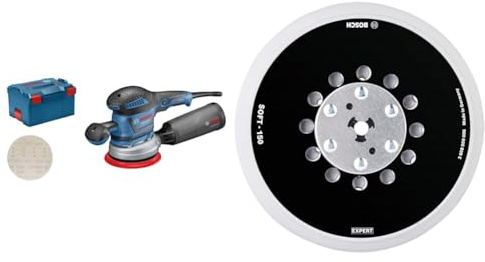 Bosch Professional GEX 40-150 - Lijadora excéntrica (Ø plato 150 mm, en L-BOXX) + 1x Platos de soporte multiperforados de uso universal Expert Multihole, Versión Medio, Lijadora excéntrica, Ø 150 mm