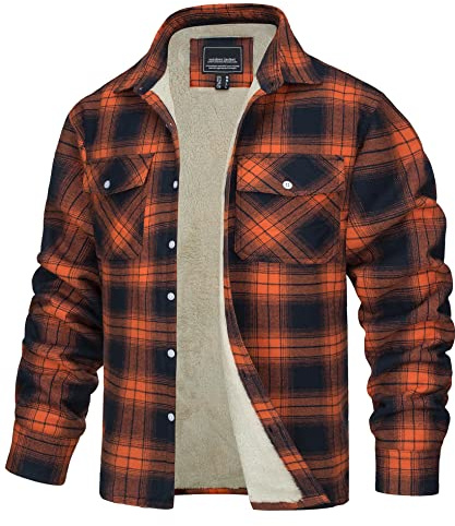 TACVASEN Camisa de Leñador Hombres Gruesas Algodón Casual Collar de Botón Ropa de Abrigo Chaqueta Térmica Hombre Invierno Acampada, Naranja