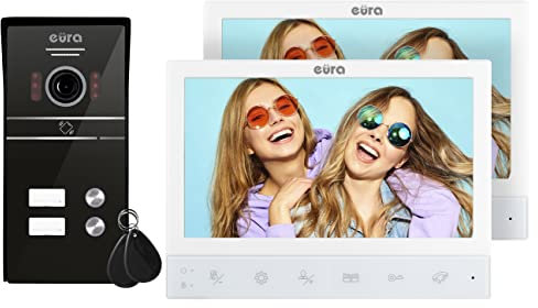 EURA VDP-80C5 - Videocitofono a 4 fili, 2 x 7 pollici, 2 ingressi, crittografia, FHD, RFID, 1080p, Wiess