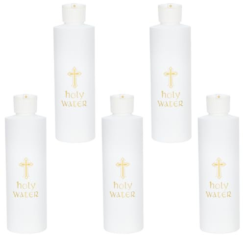 WEBEEDY 5 piezas botellas de agua bendita 250 ml/8 oz blanco con cruz de plástico dorado botella de agua bendita para suministros de iglesia hogar y viaje(botellas vacías)