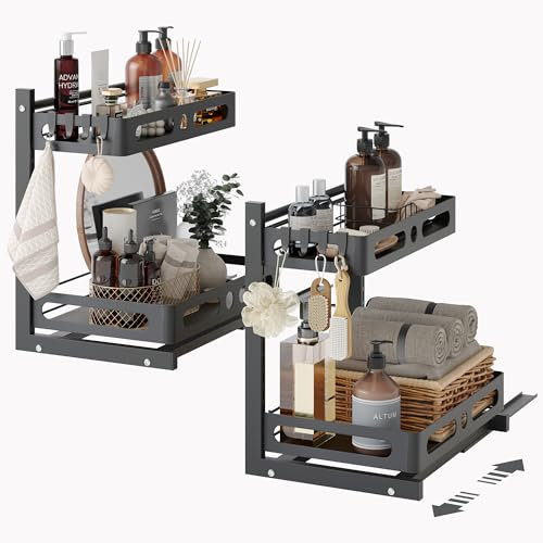 NETEL 2-er Pack Spülschrank Organizer Aufbewahrung, 2 Etagen Unter Waschbecken Regal, Küchen Spülschrankregal, Ausziehbares Küchenregal, Mehrzweck-Organizer für Küche/Bad, Schwarz