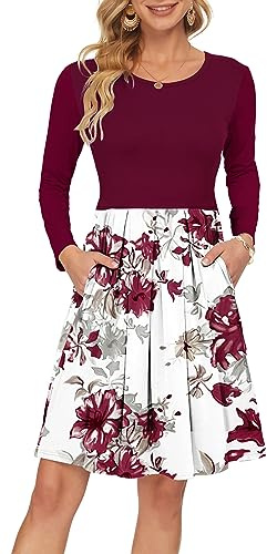 AUSELILY Women's Long Sleeve Dress Round Neck Knee-Length with Pockets