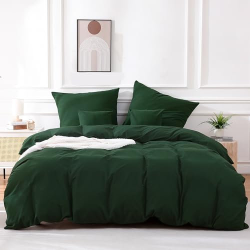 ATsense Bettwäsche 135x200 Baumwolle 4teilig, Stonewashed Bettwäsche-Sets Waldgrün Ähnlich wie Leinen, Oeko-TEX, Hypoallergen und Atmungsaktiv, 2 Bettbezug und 2 Kissenbezug 80x80
