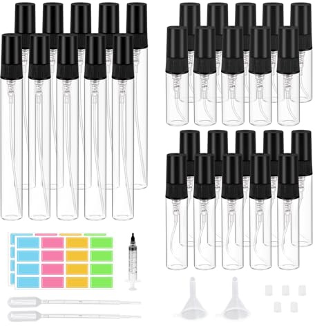 30 Stück Mini Parfümzerstäuber Portable Nachfüllbar Mini Glas Sprühflasche klein Zerstäuber Kleine Sprayflasche für Familie mit Trichter Pipetten und Etikettenaufkleber (schwarz, 3ml+5ml+10ml)