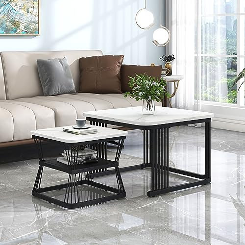 Merax Quadratisch Couchtisch 2er Set, Moderne Wohnzimmertisch mit Marmoroptik, Hochglänzend Satztisch mit Stauraum, für Wohnzimmer, Balkon und Büro, Metallgestell, Weiß und Schwarz