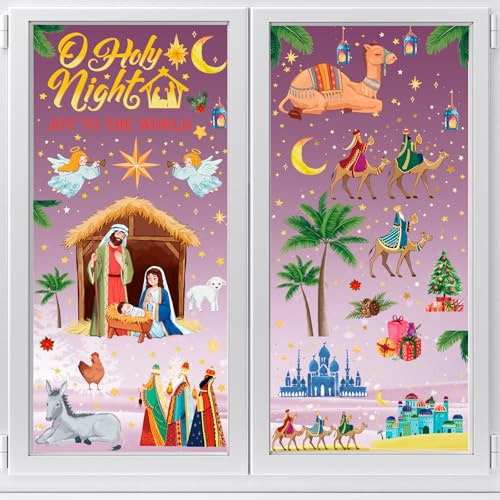 HOWAF Lot de 9 feuilles d'autocollants de fenêtre pour crèche de Noël - Décorations de Noël pour fenêtres, Jésus religieux - Autocollants de fenêtre de Noël - Autocollants de fenêtre - Crèche