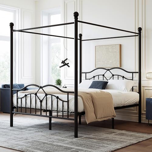 Kebnor Metallbett, Himmelbett, Gewelltes Kopfteil, Französisches minimalistisches Design, Heranwachsende und Erwachsene, Flachbetten, Metall, Schwarz, 140x200cm