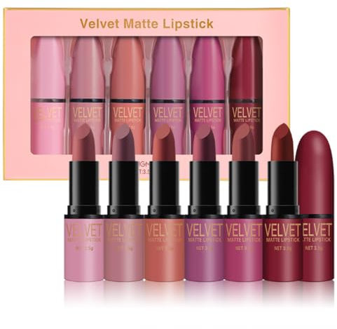 KARLOR Set di 6 rossetti per labbra opache, in legno di palissandro, rosso, rosa, rossetto corallo, 24 ore, set regalo