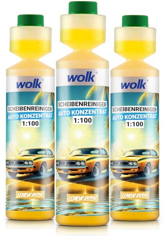 wolk® 3x Scheibenreiniger Auto Konzentrat 1:100 Lemon Rush – Reinigungsessenz für bis zu 25 L Wischwasser, 250 ml – Effektive Reinigung mit fruchtigem Duft