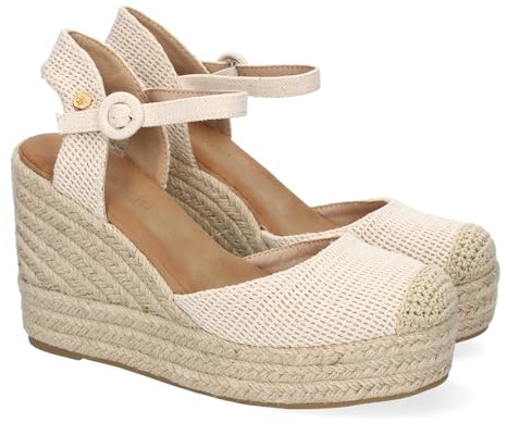 shoes&blues.es 91926 Sandalia de Cuna de Yute para Mujer con Pala Cerrada, Diseno Moderno con Detalle Metalico en el Talon y Cierre de Hebilla Ajustable. Beige Talla 38