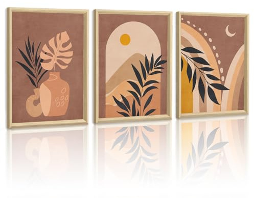 WENGTIAO Toile Peinture Encadré, Boho Abstrait Géométrique 30x40cmx3 | Tableau Decoration Murale, Marron Beige Minimaliste Botanique Peinture pour Decoration Murale Salon Maison Deco Chambre