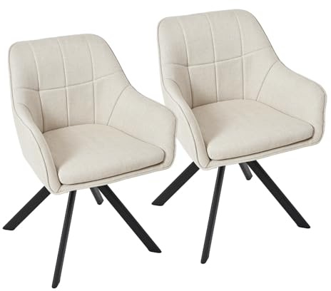 Goeurvant 360° Swivel Dining Chairs Set of 2, Beige Linen Armchairs, Ergonomic Designed Chairs with Armrests and Metal Legs for Apartment, Dining Room, Kitchen, Study, Vanity, Office