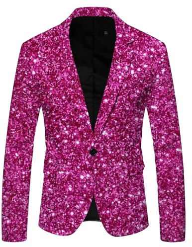 Generisch 2025 - Chaqueta de Traje para Hombre con Lentejuelas 3D Estampado Solapa Bolsillo Solapa Botón Chaqueta de Traje Estilo Uno Rojo Azul Hombre, Rosa intenso., L
