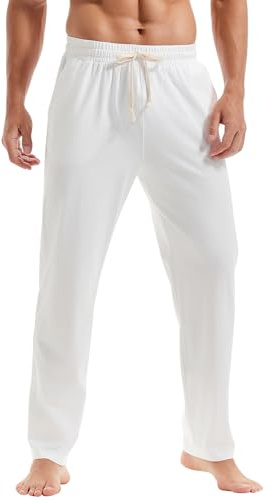 Amy Coulee Pantaloni da jogging leggeri da uomo, in cotone, traspiranti, per il tempo libero, da yoga, con tasche, bianco, M