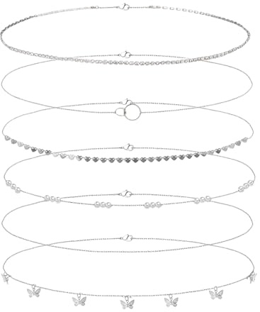 Glamifyr 6 Stück Boho Hüftkette Bauchkette,Body Chain Silber,Bauchkette Silber Set,für Frauen Mädchen Boho Quaste Hüftkette,mit Perlen Pailletten Schmetterling Anhänger Quaste Körperschmuck