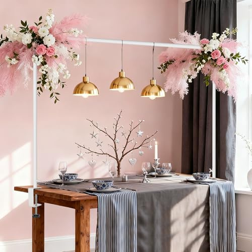 JEBUTU Over The Table Rod Stand with Clamps Adjustable 30-43 Tall 47-98 Length White Table Arch Hanging for Wedding Birthday Party Halloween Christmas