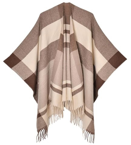 Scialle Elegante Donna Invernale, Mantella Donna Lana Motivo a Quadri Classici Strisce a Colori Sfumati Poncho Capes a Maglia Frontale Aperto Mantello Caldo Pashmina Coperta Per Ufficio E Cas