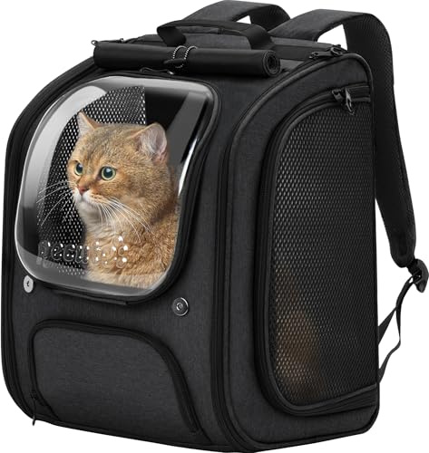 Pecute Zaino Trasportino per Gatti a Bolla - Ampio spazio stabile, parasole traspirante, ideale per viaggiare, fare escursioni, fare visitare cliniche veterinarie con il tuo animale domestico, Nero