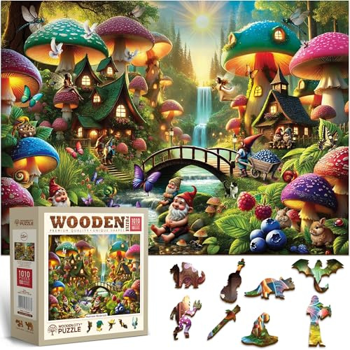 WOODEN.CITY Mushroom Wonderland Wooden Puzzle for Adults, 1000 Pieces, 100 Whimsy Shapes, Made in EU