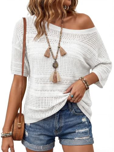 Arach&Cloz Women's Jumpers Linen Crochet Short Sleeve Tops Summer Pullover Hollow Out Casual Vacation Outfits
