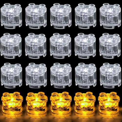 Joycabin 15 Stück LED Bausteine 2x2 Runden, Leuchtsteine Transparent | Warmweiß Leuchtende Bausteinteile mit LED Beleuchtung, passend für viele große Klemmbaustein Marken, ideal für DIY Bauideen