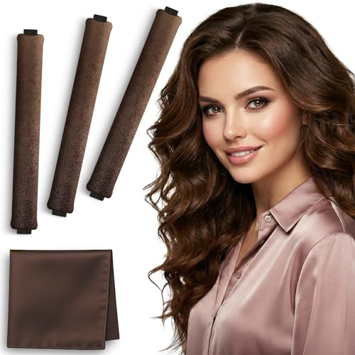 Heatless Curls Overnight | Rods for Blowout Look, Long Hair Rollers Blow Out Curling Rod No Heat Flexi Foam Tubes Silk Satin Velvet Soft Curlers to Sleep In Tools Set by VISOFO (Brown, 3 Set)