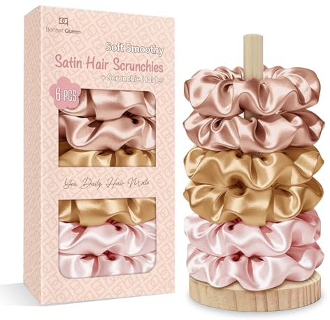 BONNET QUEEN Satin Scrunchies Haargummi Damen 6er Set mit Halter, Seiden Haargummi ohne Knick, Starker Halt gegen Haarbruch und Frizz, Weiche Haargummis für Schlafen, Alltag und Sport,Beigetöne