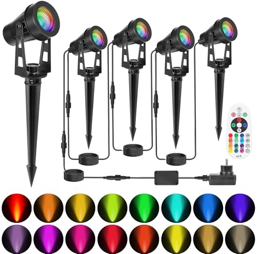 HUAEU RGB LED Gartenbeleuchtung,12W 4er Set Gartenstrahler mit Erdspieß, IP65 Wasserdicht, 14 Farben ，Außenbeleuchtung für Garten, Hof, Party, Bäume,Gartenlampe Kabel Stecker, Strahler Außen12V
