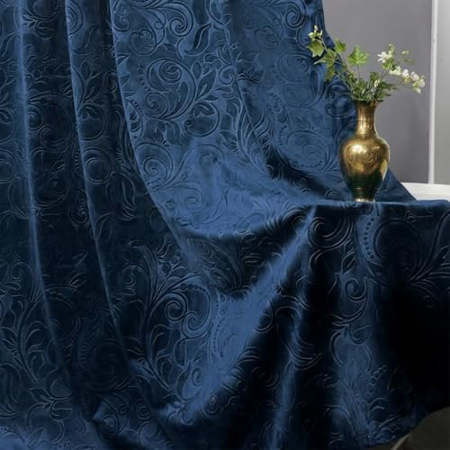 2er Set Samtvorhang Kräuselband Blumen Muster H183xB132CM, Dunkelblau Luxus Verdunkelung Samt 3-in-1 Aufhängung Thermovorhang Kälteschutz für Wohnzimmer Schlafzimmer, 260gsm Blickdicht Gardinen