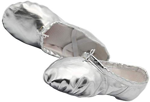 missfiona Ballet Shoes Women PU Leather Dance Slippers Adult Gymnastic Flat with Split Sole(7 UK, Silver)