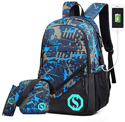 Ultra Light Water Resistant Boy School Backpack Set 3 Pieces School Bags Set for Teenage Boys Casual Daypack+Small shoulder bag+Pencil Case (3 PCS)