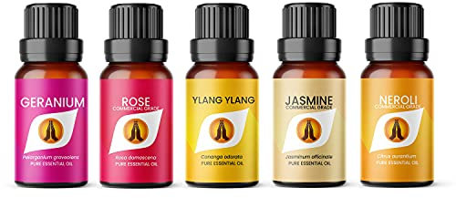 Floral Essential Oil Set for Diffusers | Ylang Ylang, Jasmine, Rose Geranium, Lavender & Chamomile 5 x 10ml | for Home, Aromatherapy, Gift for Him/Her, Candle Making, Soaps, Wax Melts