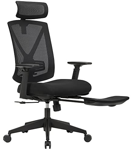 SONGMICS kontorsstol med fotstöd, ergonomisk skrivbordsstol med svankstöd, justerbart nackstöd och armstöd, höjdjustering och vippfunktion, lastkapacitet upp till 150 kg, svart OBN61BKV1