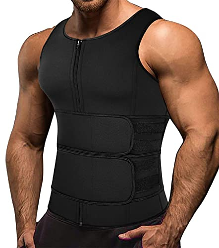 Memoryee Hombre Sauna Chaleco Deportivo Neopreno Entrenamiento Body Shaper Traje Entrenador Cintura Fitness Cremallera Camiseta Sin Mangas/Black(Double Belt)/M