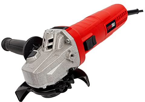 Olympia Tools Amoladora angular de 115 mm, 650 W, 240 V, potente motor y caja de cambios totalmente metálica para una mayor durabilidad, sección de agarre suave y también hay un mango lateral de 3