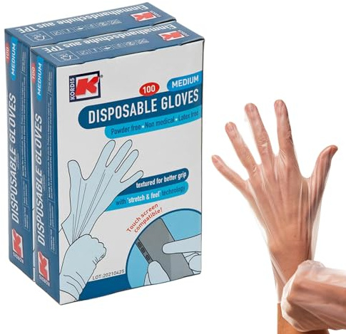 Kordis TPE-Einweghandschuhe, puderfrei, latexfrei, robust, 2 x Box mit 100 Stück, 200 Stück, transparent, mittlere Größe