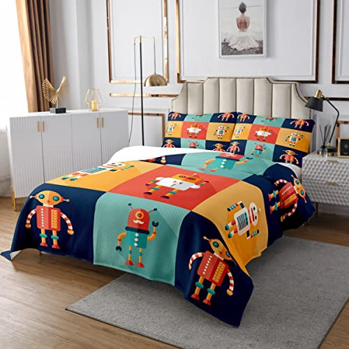Sunnybed Roboter Tagesdecke Set 170x210, Weltraum Roboter Dekor Tagesdecke für Jungen Kinderzimmer, Patchwork Transformator Futuristische Maschinendecke Bunte Cartoon Retro Tagesdecke 1 Kissenbezug