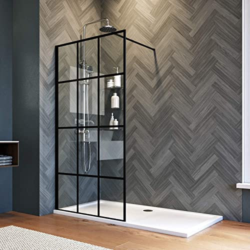 ELEGANT 1200mm Black Walkin Shower Screen 8mm Safety Shower Glass Door for Bath WetRoom Reversible Shower Glass Panel Matte Black Grid Walkin Shower Enclosure Cubicle